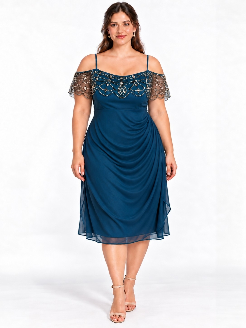 Beaded Teal Cold-Shoulder Midi Dress